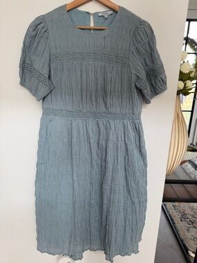 Polagram Dusty Blue Textured Puff-Sleeve Midi Dress with Lace Trim